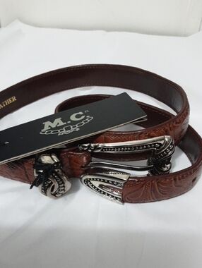 M.C. Brown Tooled Leather‎ Western Belt with Silver Buckle